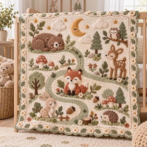 Puede incluir: Una manta de ganchillo color crema con una escena de bosque que incluye un oso pardo durmiendo, un zorro, un ciervo, un conejo, un erizo y un búho. El diseño presenta árboles verdes, setas, bellotas y una luna creciente amarilla, bordeada por flores.