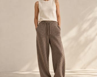 100% Yak Down Tapered Pants for Women, Heavyweight Knit Trousers, Relaxed Carrot Leg Pants, Natural Luxury Knitwear