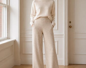 100% Pure Cashmere Wide Leg Pants, Women's Relaxed Knit Trousers