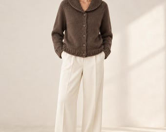100% Yak Down Hand-Knit Cardigan, Chocolate Brown Shawl Collar Sweater Jacket for Women