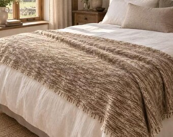 100% Pure Cashmere Throw, Hand-Spun & Handwoven Artisan Blanket, Brown Ivory Woven Cashmere Throw, Handmade Luxury Textile