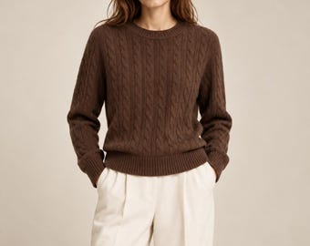 100% Pure Cashmere Fine Cable Knit Crew Neck Sweater for Women, Chocolate Brown & Camel Luxury Pullover