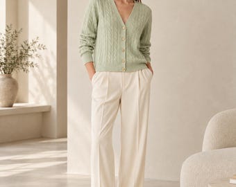 100% Pure Cashmere Cable Knit V-Neck Cardigan for Women, Button Front Sweater, Light Sage Green & Maple Brown