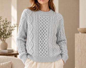 Hand-Knitted 100% Wool Cable Sweater for Women, Mint Blue Crew Neck Pullover, Chunky Textured Knitwear