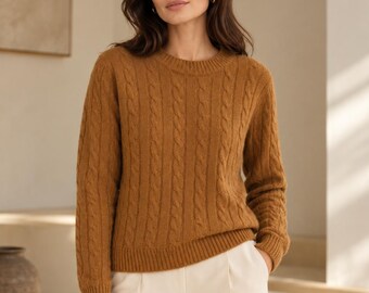 100% Pure Cashmere Fine Cable Knit Crew Neck Sweater for Women, Chocolate Brown & Camel Luxury Pullover