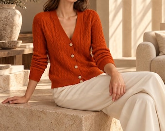 100% Pure Cashmere Cable Knit V-Neck Cardigan for Women, Button Front Sweater, Light Sage Green & Maple Brown