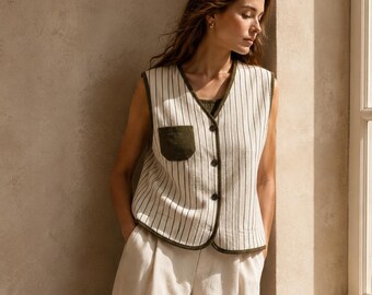 100% Pure Cashmere Reversible Vest for Women, Double-Layer Striped Button Front Waistcoat, 3 Colour Options