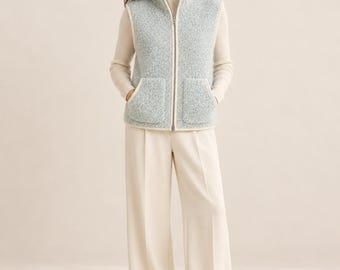 Hand-Knit 100% Cashmere Bouclé Vest for Women, Soft Blue Zip-Up Gilet, Ivory Trim Sleeveless Luxury Knitwear