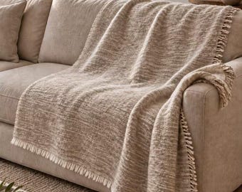 100% Pure Cashmere Throw, Hand-Spun & Handwoven Artisan Blanket, Soft Oatmeal Beige Woven Cashmere Throw, Handmade Luxury Textile