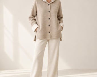 100% Pure Cashmere Hooded Cardigan for Women, 679g Heavyweight Button Front Sweater, Oatmeal Beige