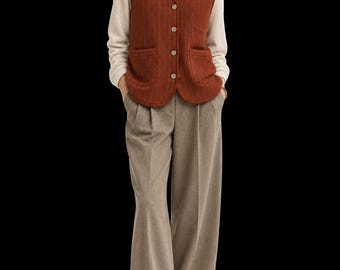 100% Pure Cashmere Reversible Vest for Women, Double-Layer Striped Button Front Waistcoat, 3 Colour Options
