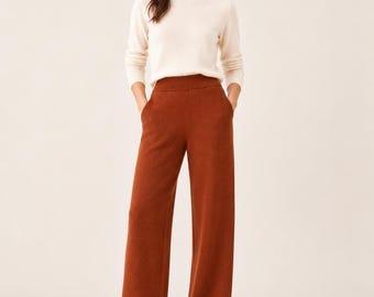 100% Pure Cashmere Wide Leg Pants, Women's Relaxed Knit Trousers