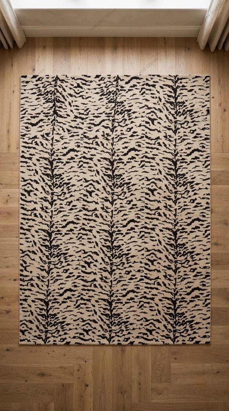 Aesthetic Rug Background Cream Black Detailed Zebra Abstracted Hand Tufted Animal Print 8x10 ...