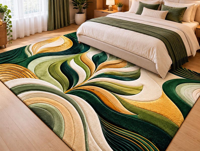 Abstract Leaf Pattern Area Rug Green Gold Cream Abstract Area Rug, Modern Luxury Wave Design, Living ...