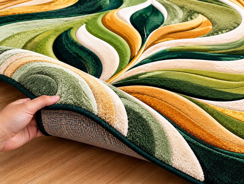 Abstract Modern Rug Texture Green Gold Cream Abstract Area Rug, Modern Luxury Wave Design, Living ...