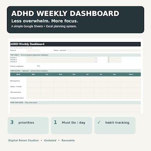 May include: A digital ADHD Weekly Dashboard planning system for Google Sheets and Excel. The template features sections for top three priorities, time blocks for each day of the week, habit tracking, and a wins section. The layout is organized with dark headers and light beige input fields.