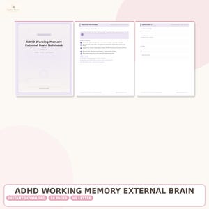 May include: A digital ADHD Working-Memory External Brain notebook with three visible pages. The first page is a title cover, the second page provides instructions, and the third page is a Capture Inbox template with lines for notes and tasks.