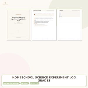 Könnte beinhalten: Ein digitales Homeschool-Wissenschaftsexperiment-Logbuch für die Klassen 3-5, bestehend aus einer Titelseite, einer Anleitung zur Verwendung und einem strukturierten Protokollblatt für Hypothese, Materialien, Verfahren und Ergebnisse.