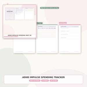Pode incluir: Um rastreador digital de gastos impulsivos TDAH com várias páginas, incluindo um registro de impulsos e perguntas de resfriamento. O documento apresenta detalhes em roxo claro e verde com cabeçalhos como ADHD Impulse Spending Wait 48.