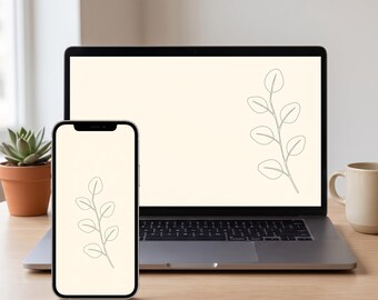 Eucalyptus Line Art Wallpaper, iPhone Android Desktop Background, Sage Green Digital Download