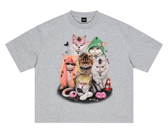 Unisex Oversized Drop Shoulder Boxy Cat Graphic Tee