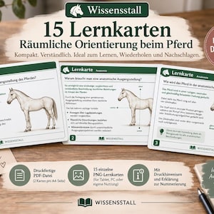 May include: A set of 15 educational cards titled Wissensstall 15 Lernkarten Räumliche Orientierung beim Pferd. The cards feature illustrations of horses with German text explaining anatomical positioning, spatial orientation, and body references.