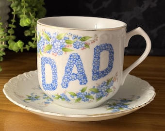 Vintage Lefton "Dad" Tea Cup Saucer Set | Blue Forget Me Not Fine China England