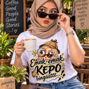 Peut inclure: Un t-shirt blanc à manches courtes avec une illustration de personnage portant un chapeau de détective et tenant une loupe. Le texte sur le t-shirt indique Emak-emak KEPO bingiiittt avec des icônes de chapeau et d'empreintes de pas.