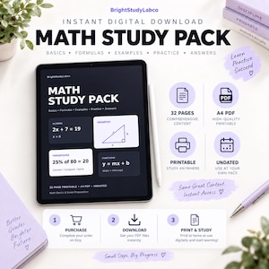 Peut inclure: Un pack d'étude de mathématiques numérique affiché sur une tablette, présentant l'algèbre, la géométrie, les pourcentages et les fonctions. Le pack comprend 32 pages de contenu imprimable au format A4, avec des instructions pour l'achat, le téléchargement et l'impression.