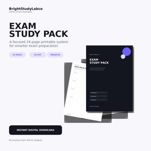 May include: A digital exam study pack featuring a 24-page A4 PDF system. The cover is dark navy with purple circles and the text EXAM STUDY PACK. An interior page shows an Active Recall Sheet with lined sections for organized study notes and planning.