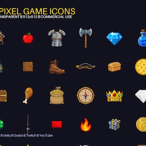 May include: A collection of 50 pixel game icons featuring various items including a blacksmith, red apple, armor, axe, blue gem, potion, bomb, book, boot, bow, bread, cheese, chest, chicken leg, gold sack, compass, crown, diamond, emerald, and coin.