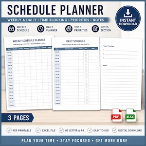 Weekly Daily Schedule Planner | Time Blocking, Priorities, Notes (PDF ...