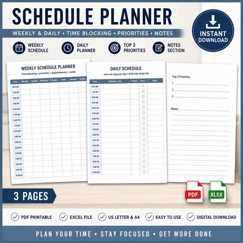 Weekly Daily Schedule Planner | Time Blocking, Priorities, Notes (PDF ...