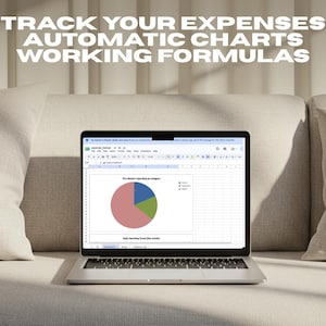 May include: A laptop displaying a spreadsheet with a pie chart titled This Month's Spending by Category. Text above reads Marigold & Co, TRACK YOUR EXPENSES, AUTOMATIC CHARTS, WORKING FORMULAS. The screen shows a dashboard with expense tracking data.