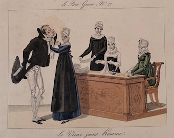 Squisita incisione francese antica – Le Bon Genre n. 77 “Le Vieux jeune Homme” / Piatto di moda dell'inizio del XIX secolo
