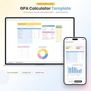 May include: A digital GPA calculator template for Google Sheets and Excel displayed on a laptop screen and a smartphone. The interface features tables for course names, credits, grades, and quality points, alongside a grade distribution pie chart.