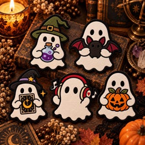Halloween Ghost Patches, Witch Bat Pumpkin Designs, Hook-and-Loop Backing