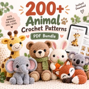 May include: A digital graphic featuring the text 200+ Animal Crochet Patterns PDF Bundle, surrounded by various crocheted stuffed animals including a giraffe, elephant, bear with a green scarf, rabbit holding a carrot, fox, and koala.