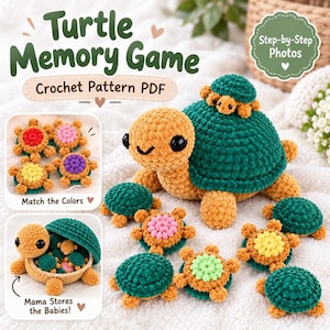 Puede incluir: Un patrón de ganchillo en PDF para un juego de memoria de tortugas con una tortuga grande naranja y verde con una pequeña en su espalda. El set incluye varias tortugas pequeñas de colores, con el texto Turtle Memory Game, Step-by-Step Photos, Match the Colors y Mama Stores the Babies!