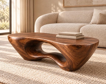 Mesa de centro curva, mesa de centro escultural, mesa de forma orgánica, mesa de madera de diseño, mesa de centro ondulada, mesa de centro de nogal