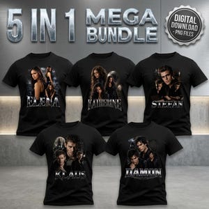 May include: A 5-in-1 digital download bundle of black t-shirts featuring graphic prints of characters from The Vampire Diaries. Each shirt displays a character name in metallic lettering: Elena, Katherine, Stefan, Klaus, and Damon, with PNG files.