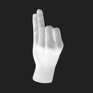 May include: A matte white sculpture of a human hand positioned in a vertical gesture with the index and middle fingers extended upward while the thumb, ring finger, and pinky finger are curled inward toward the palm against a dark background.