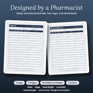 Könnte beinhalten: Ein digitales Schlaf- und Stimmungsprotokoll-Set mit zwei druckbaren Vorlagen. Der Text lautet Designed by a Pharmacist, Sleep and Mood Bundle: two logs, one download, Sleep Log und Mood and Stress Log. Enthält 8 druckbare Seiten.