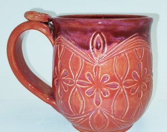 Handmade, Hand Carved, Ceramic Mug, Bright Raspberry Glaze with Maroon Rim, Stained Glass Style