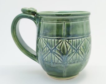 Handmade, Hand Carved, Ceramic Mug, Swirly Blue, Green and White Glaze, Stained Glass Style