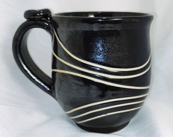 Handmade, Ceramic Mug, Black Glaze with White Stripes