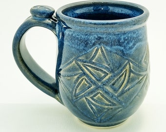 Handmade, Hand Carved, Ceramic Mug, Swirly Blues and Greens