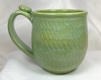 Handmade, Ceramic Mug, Bright Lime Green with Carved Relief