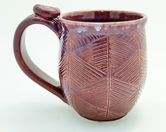 Handmade, Hand Carved, Ceramic Mug, Wine Glaze with Lighter Rim