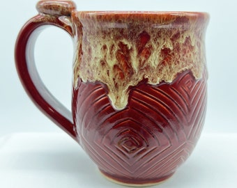 Handmade, Hand Carved, Ceramic Mug, Rust Colored Glaze with Lava Drips